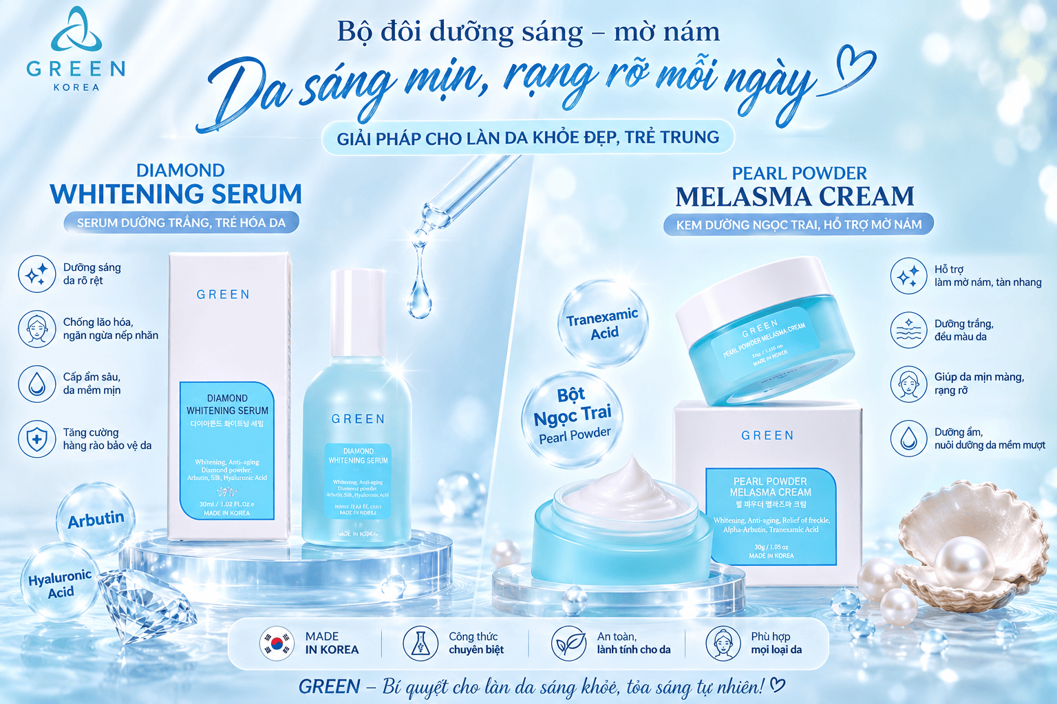 Bộ Đôi Dưỡng Trắng GREEN Korea Diamond Whitening Serum 50ml & Pearl Powder Melasma Cream 30g – Hỗ Trợ Dưỡng Sáng Da, Mờ Thâm Nám, Đều Màu & Chống Lão Hóa