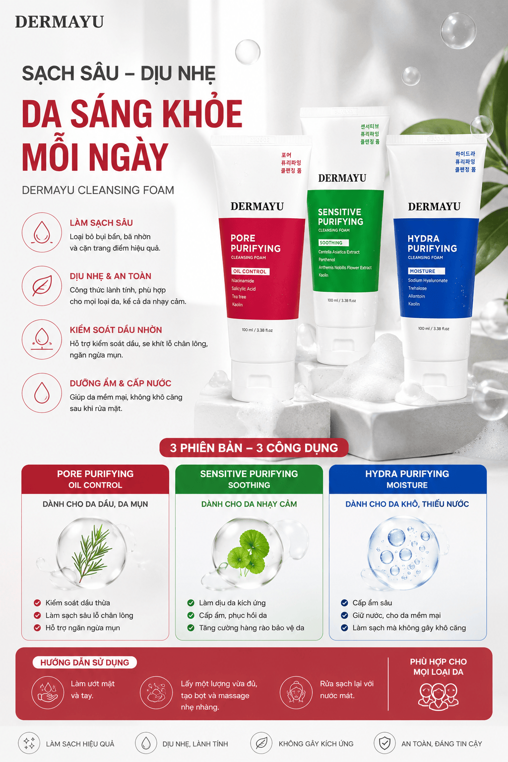 Sữa Rửa Mặt DERMAYU Purifying Cleansing Foam 100ml Chính Hãng Hàn Quốc – Làm Sạch Sâu, Kiểm Soát Dầu, Cấp Ẩm & Làm Dịu Da