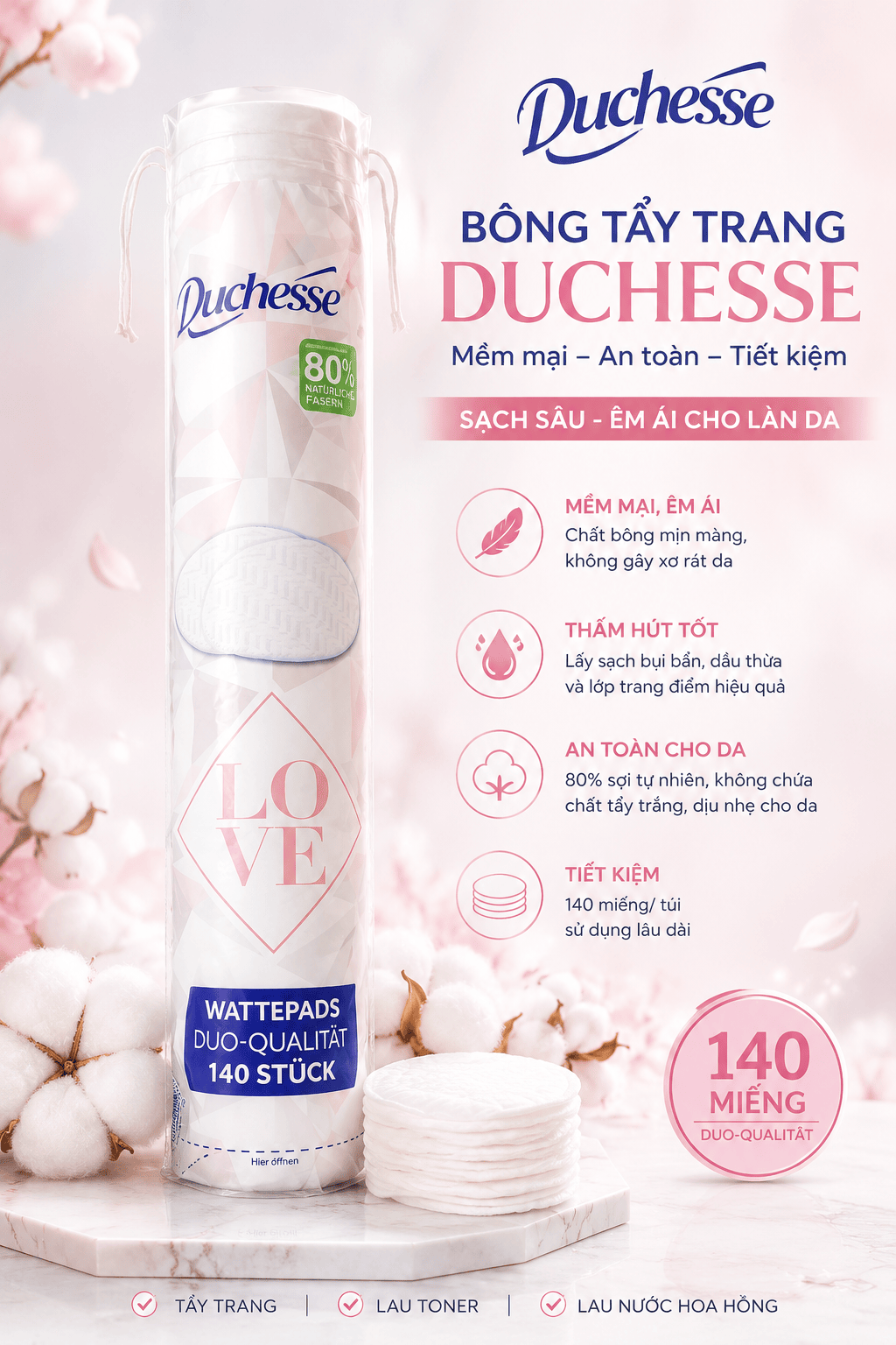 Bông tẩy trang Duchesse 140 miếng