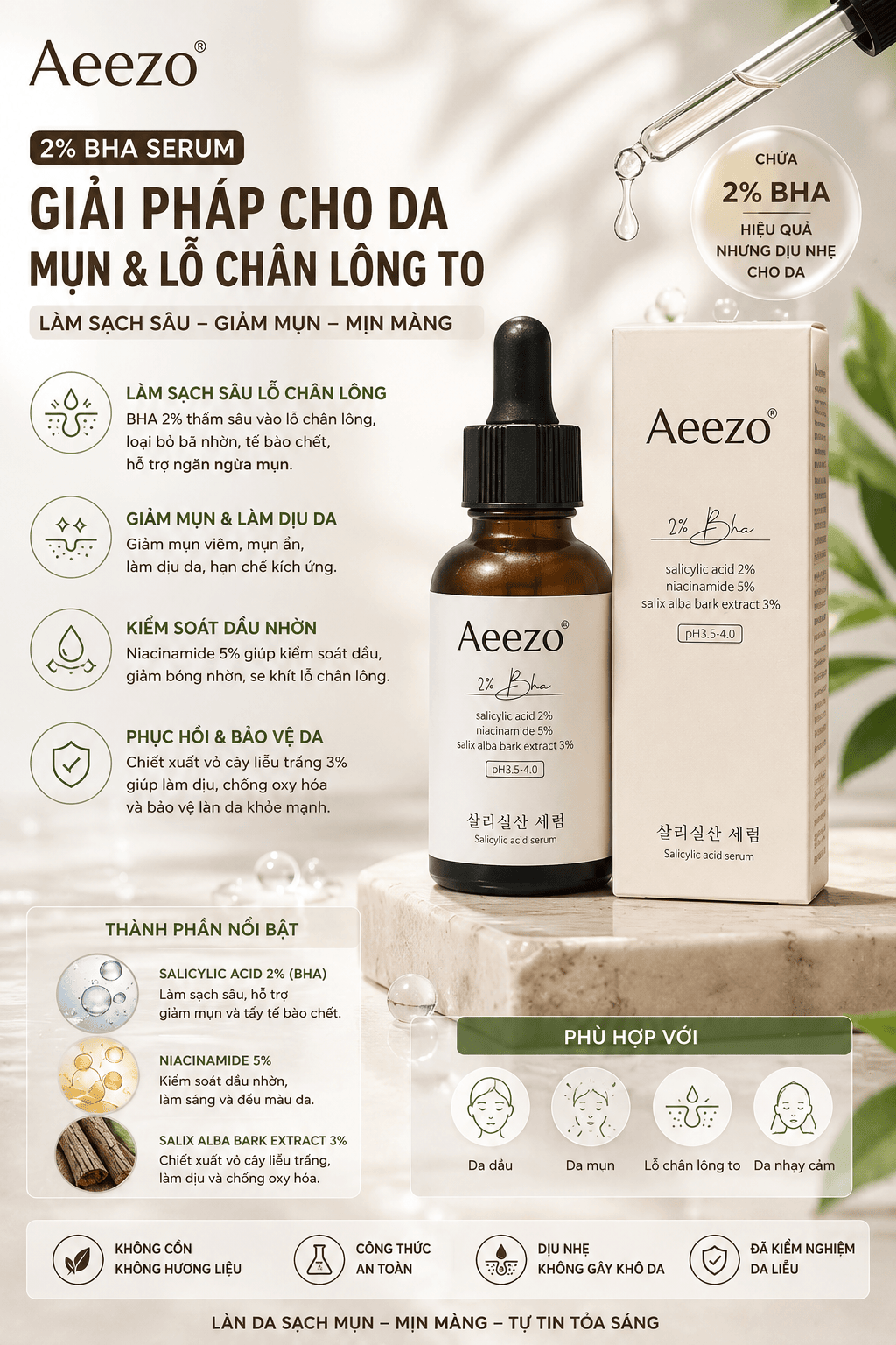 Serum Aeezo Acne Care BHA 2% 30ml – Hỗ Trợ Giảm Mụn, Tẩy Tế Bào Chết Dịu Nhẹ, Kiểm Soát Bã Nhờn