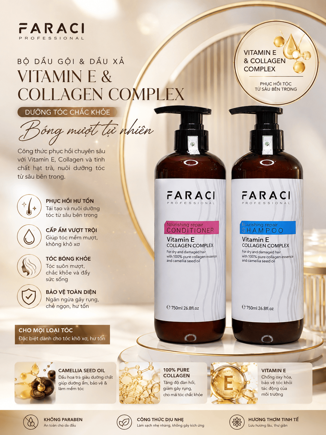 Bộ Dầu Gội & Dầu Xả FARACI PROFESSIONAL Vitamin E Collagen Complex 750ml – Dưỡng Ẩm, Phục Hồi Tóc Khô Xơ, Giúp Tóc Mềm Mượt & Bóng Khỏe