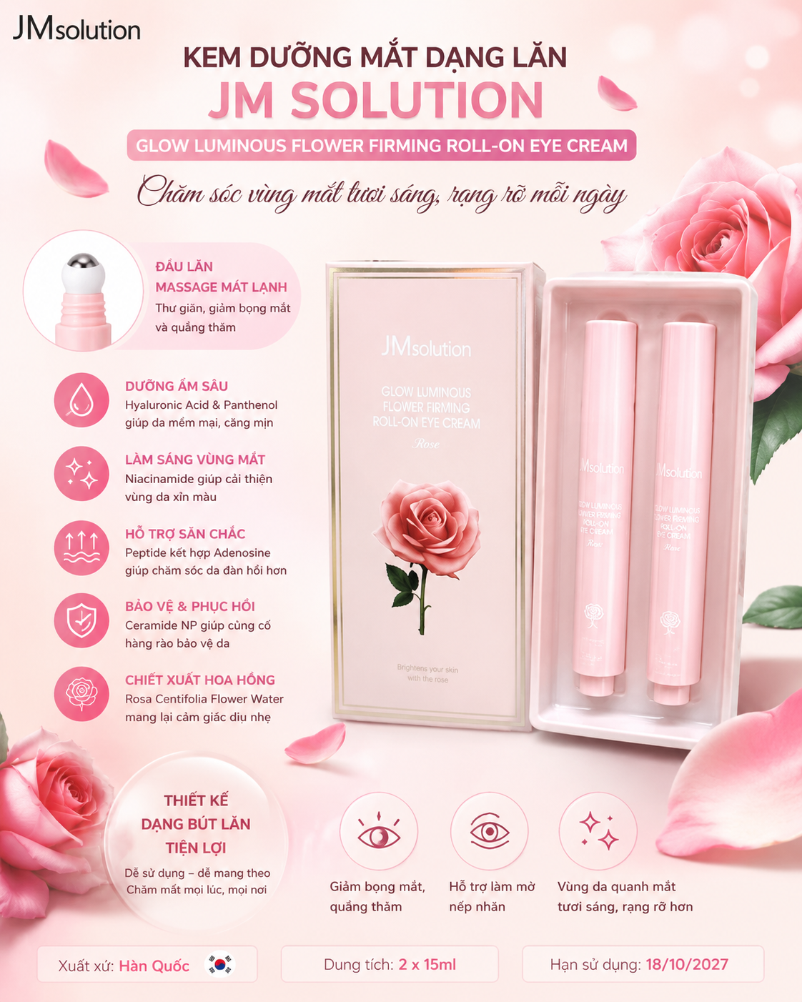 Kem dưỡng mắt dạng lăn JM Solution Glow Luminous Flower Firming Roll-On Eye Cream với thiết kế bao bì màu hồng nhạt có hình hoa hồng.
