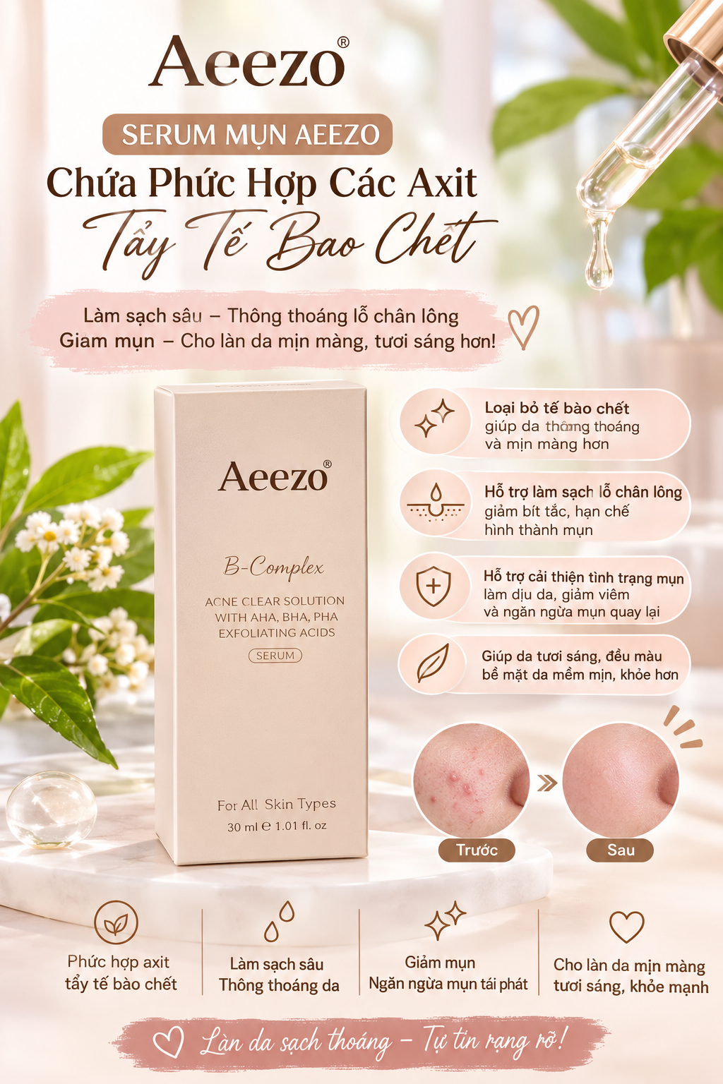 Serum mụn Aeezo chứa phức hợp các axit tẩy tế bào chết.